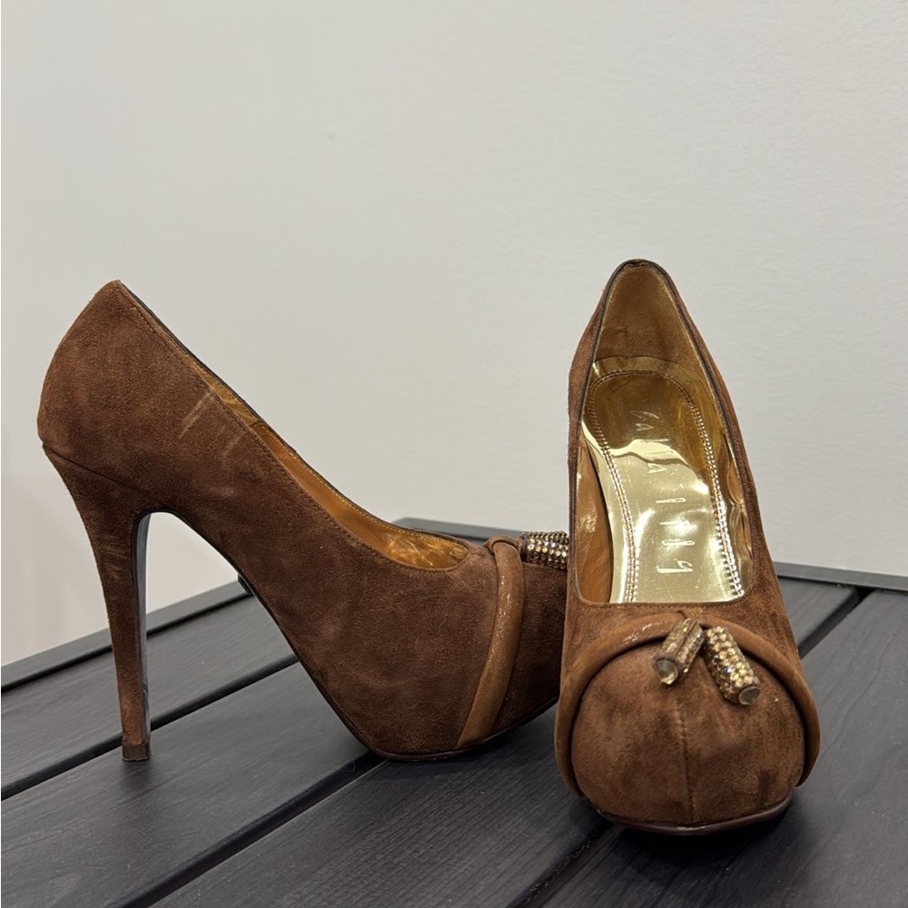 Brown Suede High Heels with Gold Accents